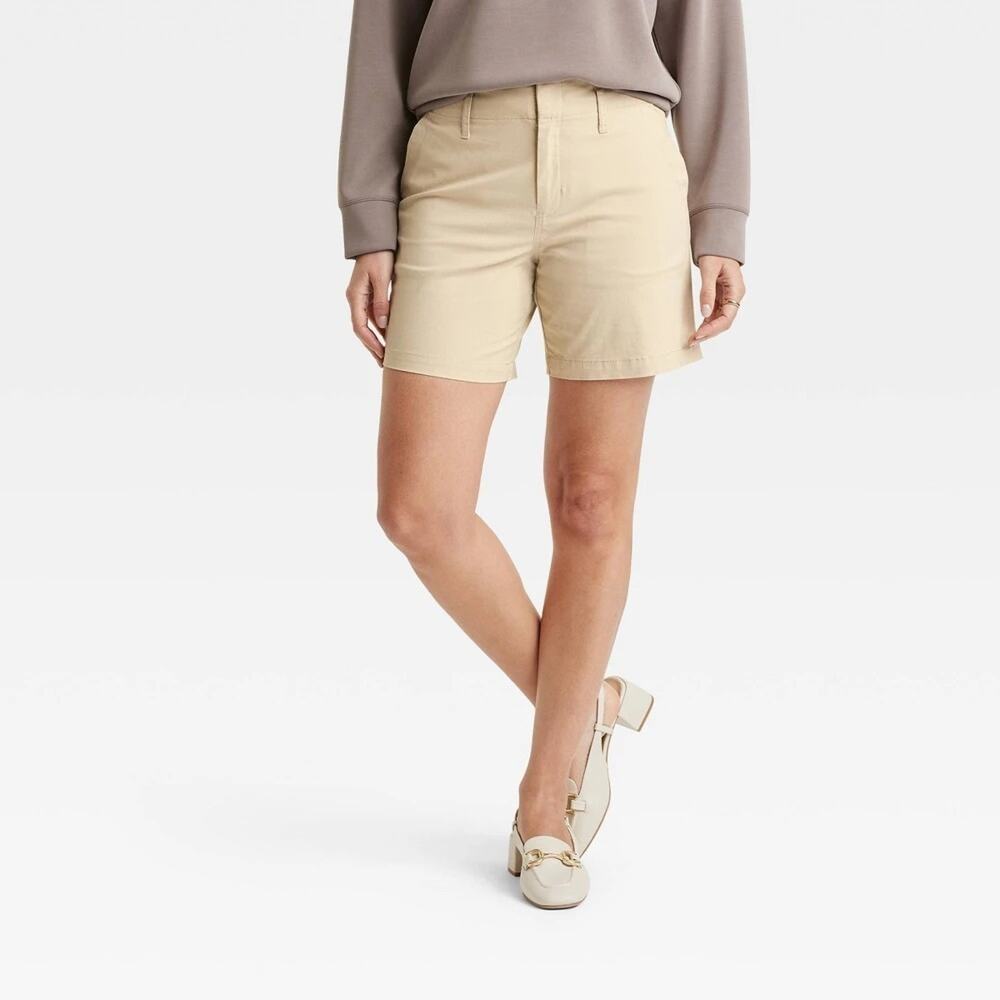 A New Day Women’s High Rise Chino Shorts Stretch Cotton Pockets Tan Size 12